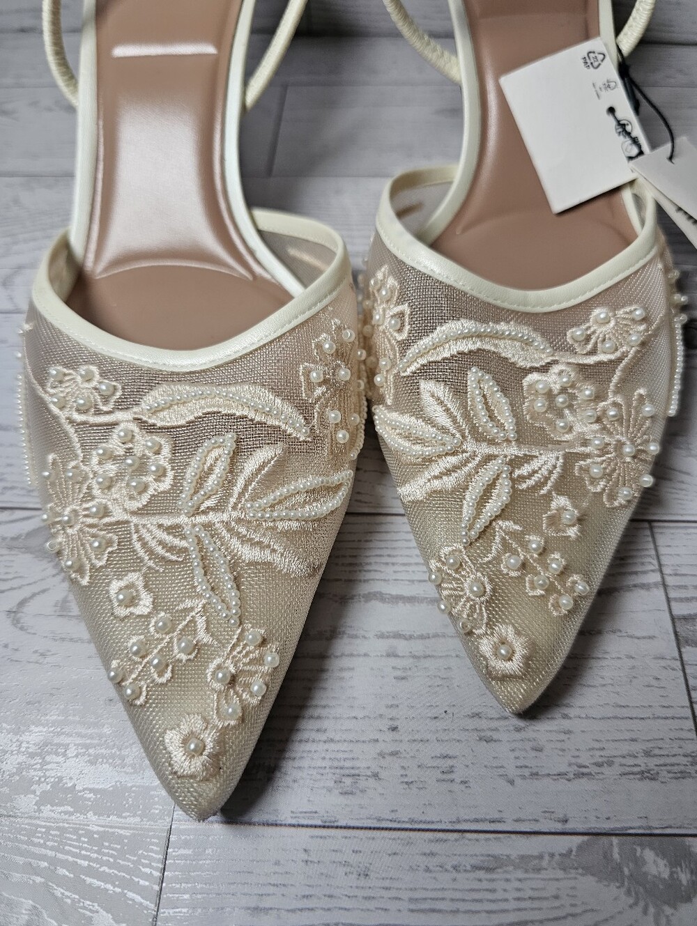 Zara Pearl Beaded Floral Mesh Slingback Pumps Cream White Heels Sz 41 NWT - Picture 2 of 9
